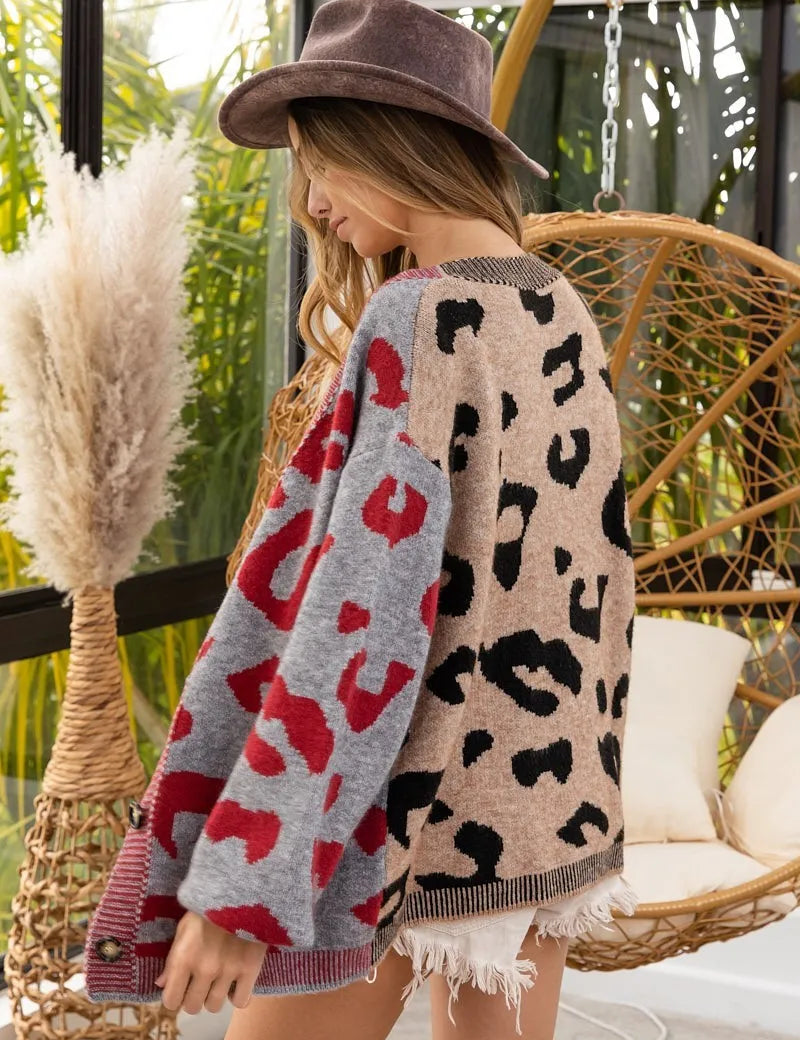 BiBi Leopard Color Block Button Down Sweater Cardigan | Cardigans Daverri Fashions