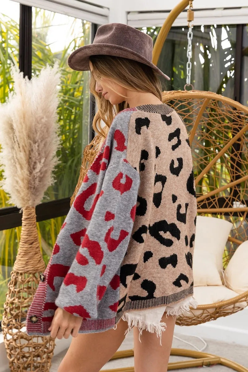 BiBi Leopard Color Block Button Down Sweater Cardigan | Cardigans Daverri Fashions