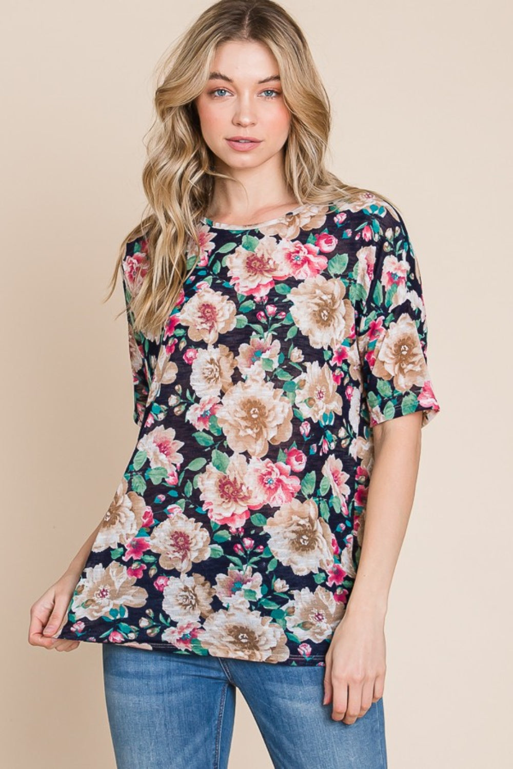 BOMBOM Floral Round Neck T-Shirt | Daverri Fashions