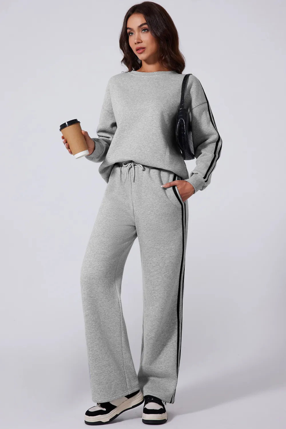 Side Striped Round Neck Top and Pants Active Set | Loungewear Sets Daverri Fashions