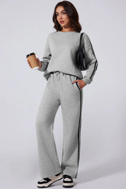 Side Striped Round Neck Top and Pants Active Set | Loungewear Sets Daverri Fashions
