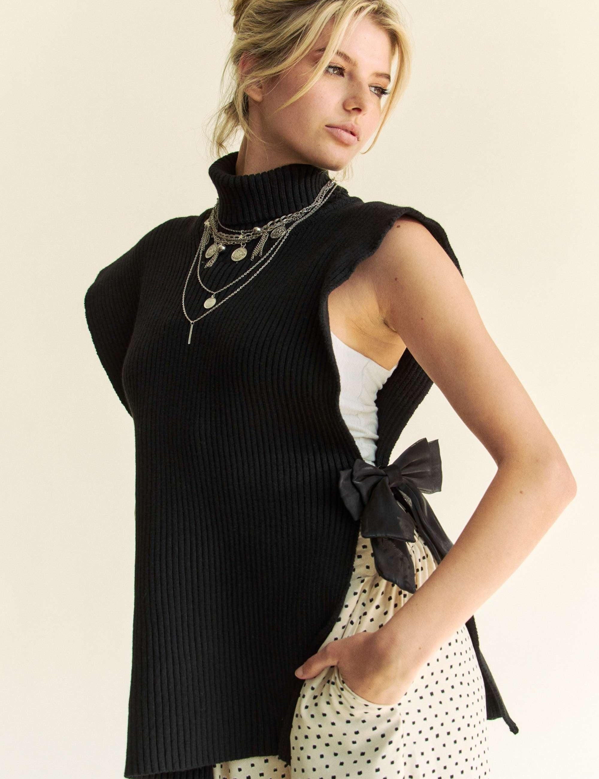 Davi & Dani Side Split Turtleneck Sleeveless Knit Sweater | Sweaters Daverri Fashions