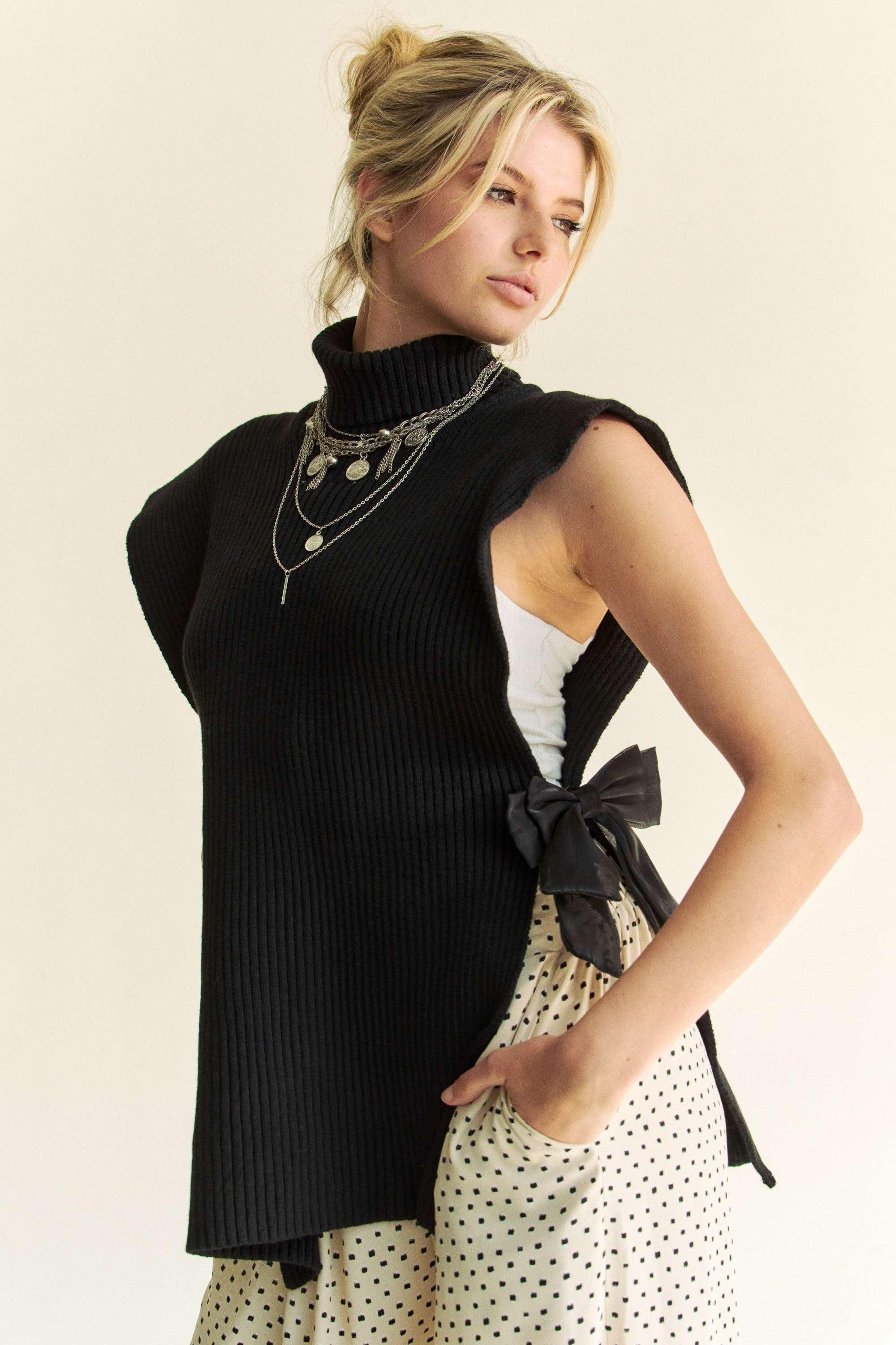 Davi & Dani Side Split Turtleneck Sleeveless Knit Sweater | Sweaters Daverri Fashions