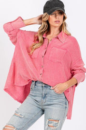 SAGE + FIG Frayed Hem Side Slit Button Down Shirt | Daverri Fashions