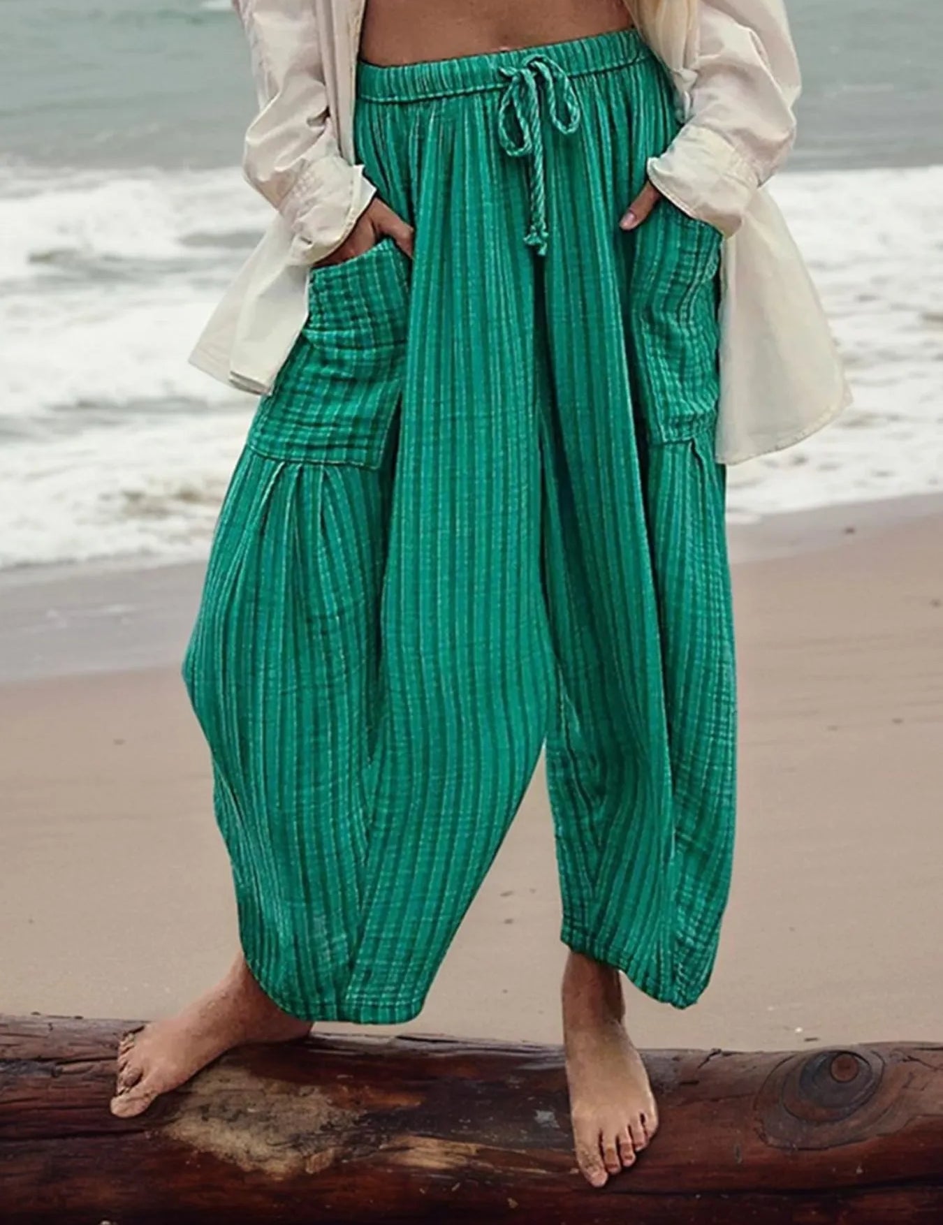 Dark Green Full Size Striped Wide Leg Casual Pants Plus Size | Pants Daverri Fashions