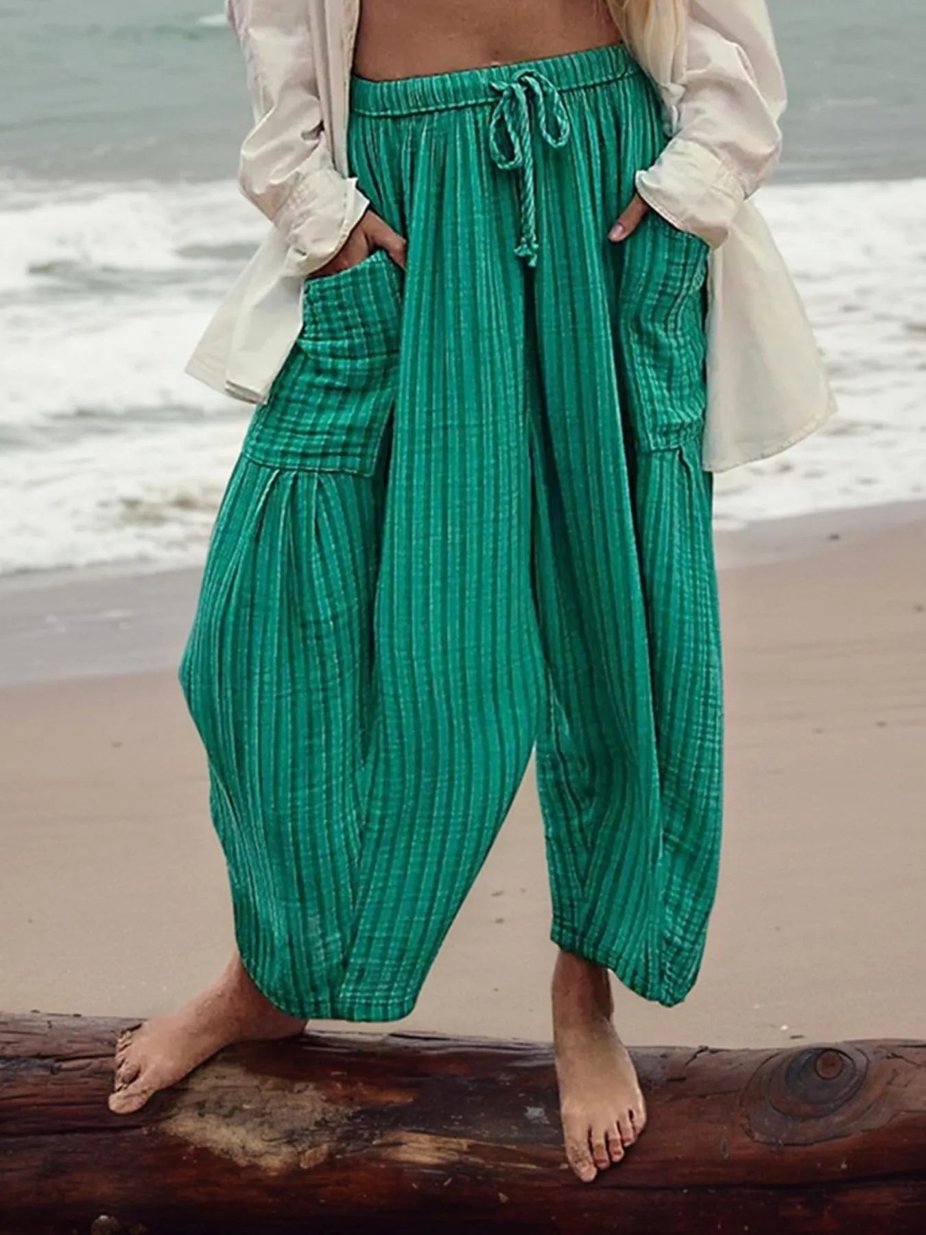 Dark Green Full Size Striped Wide Leg Casual Pants Plus Size | Pants Daverri Fashions