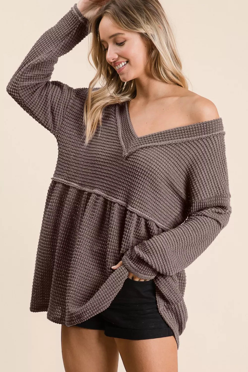 BiBi Waffle Knit V-Neck Babydoll Blouse | Daverri Fashions
