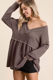 BiBi Waffle Knit V-Neck Babydoll Blouse | Daverri Fashions