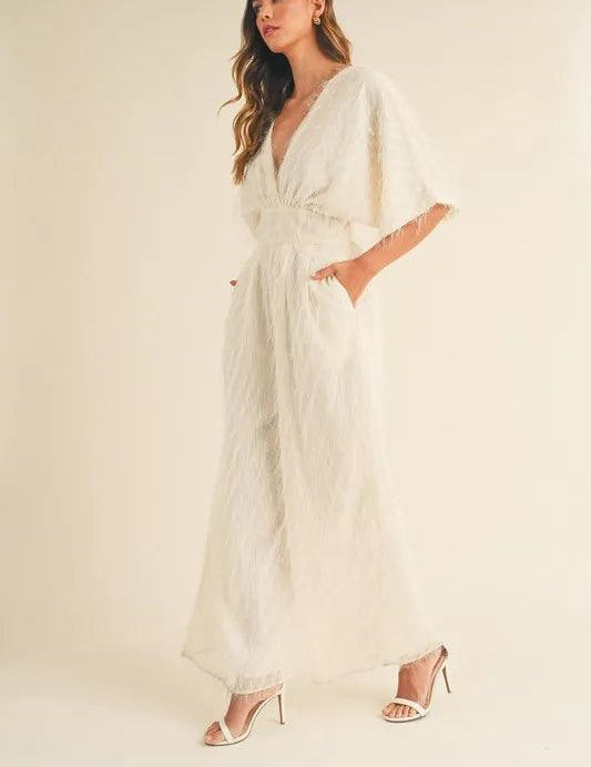 Cream MABLE Fluffy Deep V Neck Wide Leg Jumpsuit | Jumpsuits Daverri Fashions