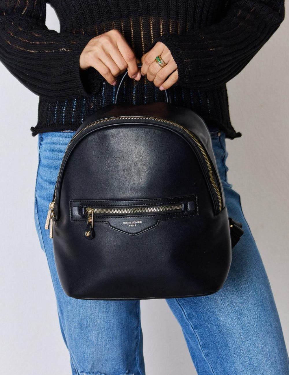 Black One Size David Jones PU Leather Backpack | Handbags Daverri Fashions