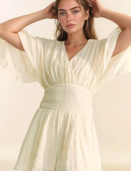 Cream Davi & Dani Batwing Sleeve Waist Belt Romper | Rompers Daverri Fashions