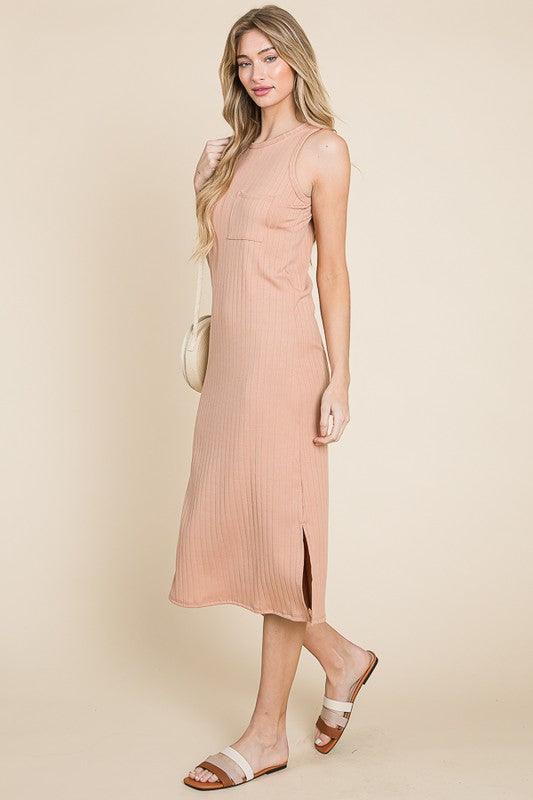 BOMBOM Ribbed Knit Sleeveless Midi Dress | Daverri Fashions