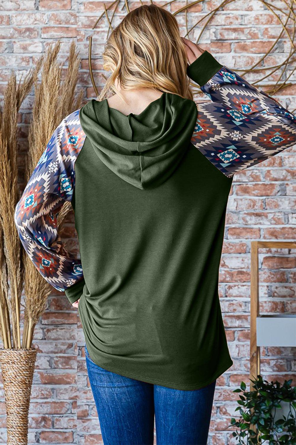 Heimish Full Size Half Button Printed Long Sleeve Hooded Top | Tops Daverri Fashions