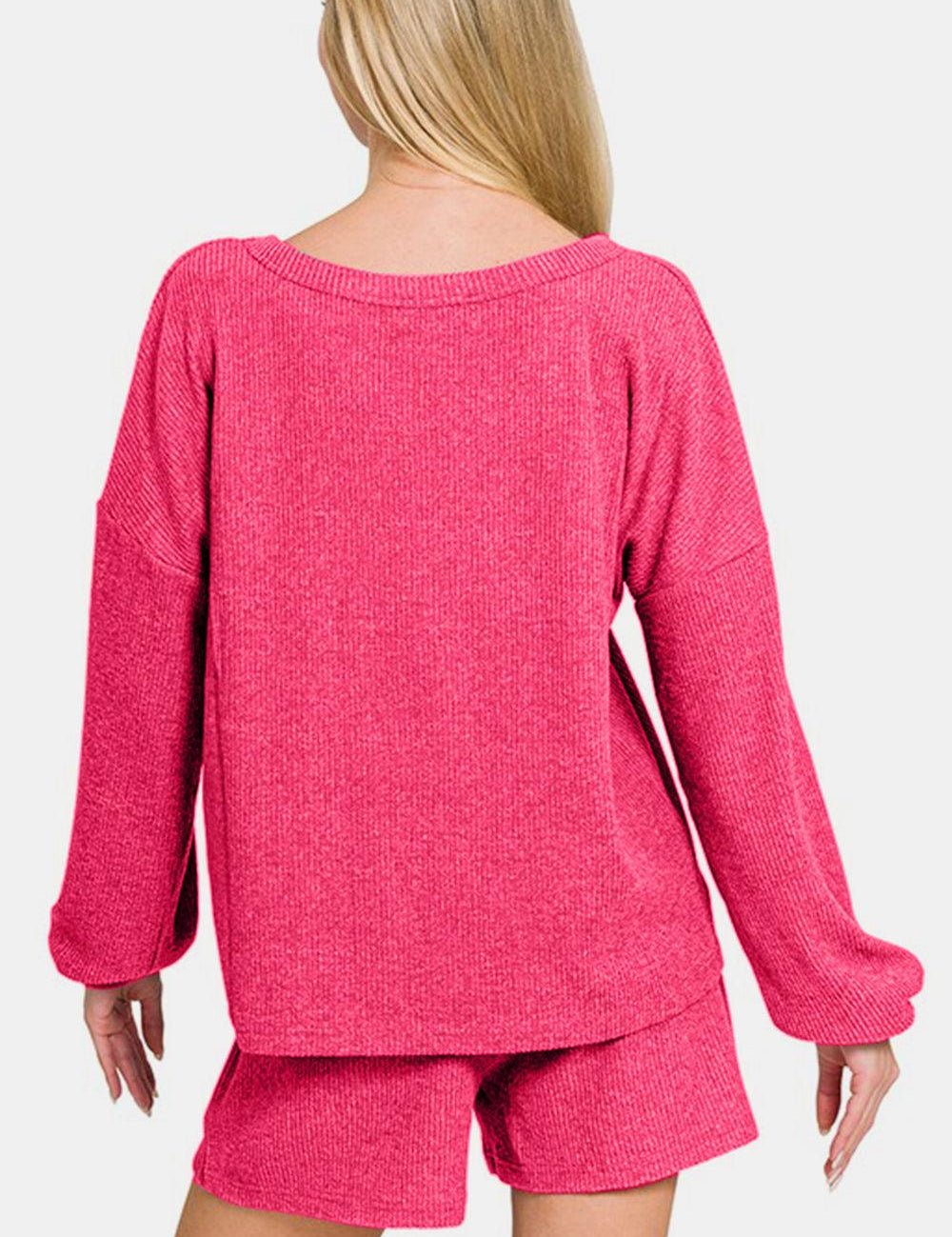 Zenana V-Neck Long Sleeve Ribbed Top and Shorts Set | Outfit Sets Daverri Fashions