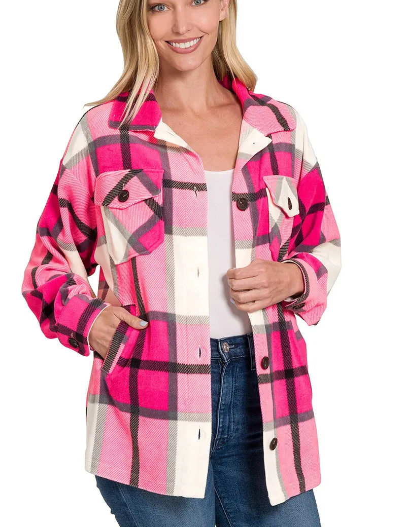 Zenana Oversized Plaid Fleece Shacket | Shackets Daverri Fashions