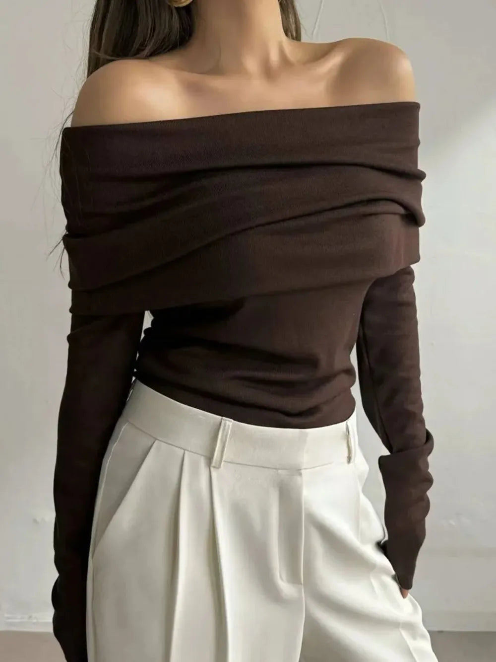 Coffee Brown Off-Shoulder Long Sleeve Knit Top | Knit Tops Daverri Fashions