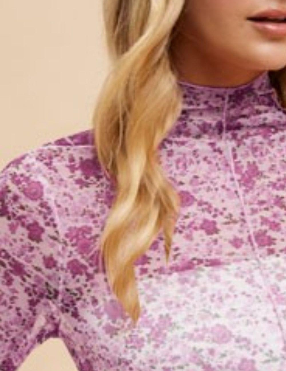 Annie Wear Floral Lettuce Hem Sheer Mesh Top | Tops Daverri Fashions