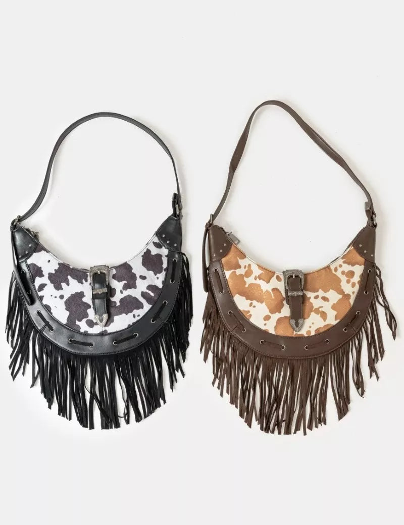 Cow Print Faux Leather Fringe Hobo Bag | Hobo Bags Daverri Fashions