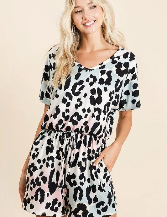 LT.BLUE TAUPE BiBi Gradation Leopard Soft Knit V-neck Romper | Rompers Daverri Fashions