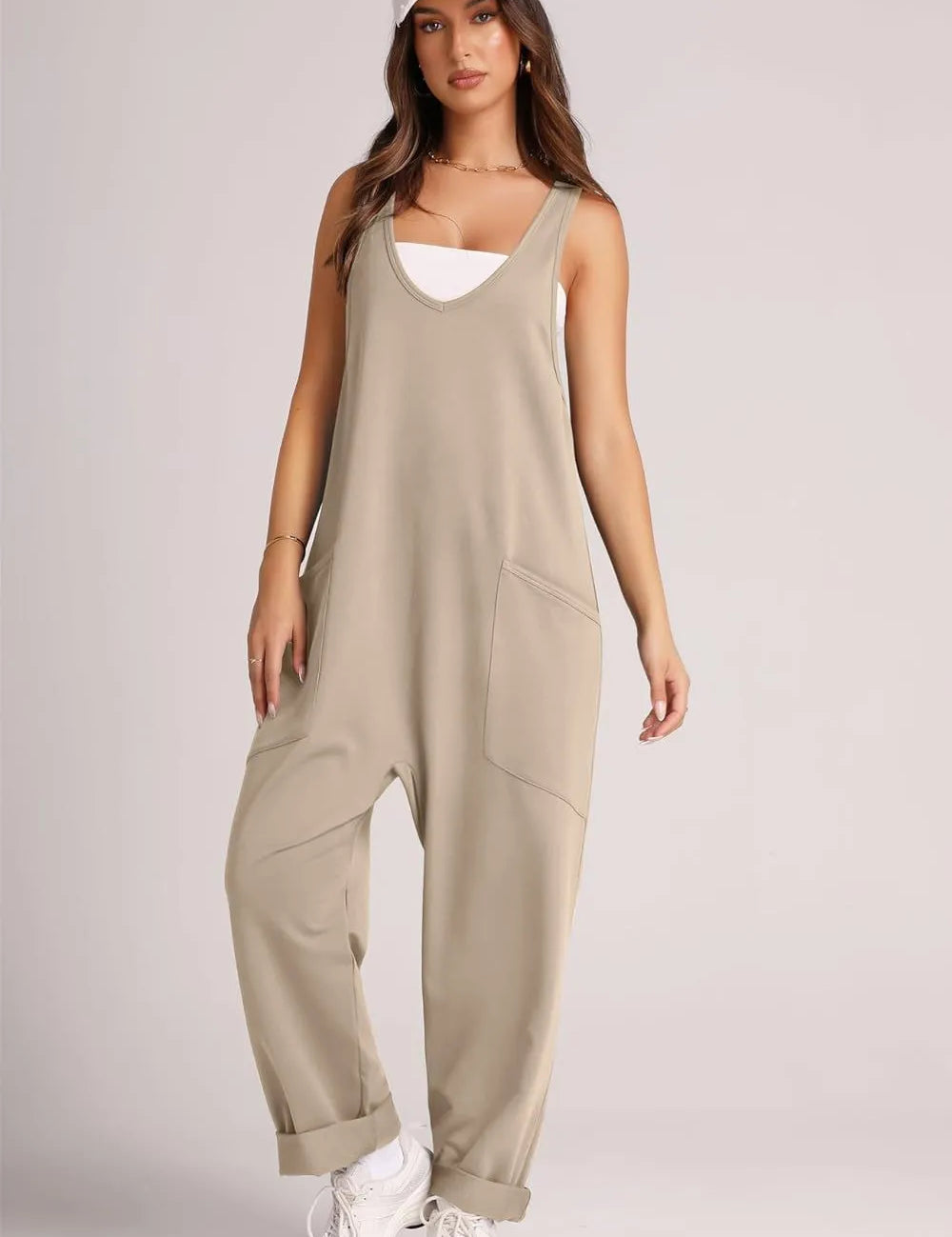 Khaki Lovelet V-Neck Wide Strap Overalls | Overalls Daverri Fashions