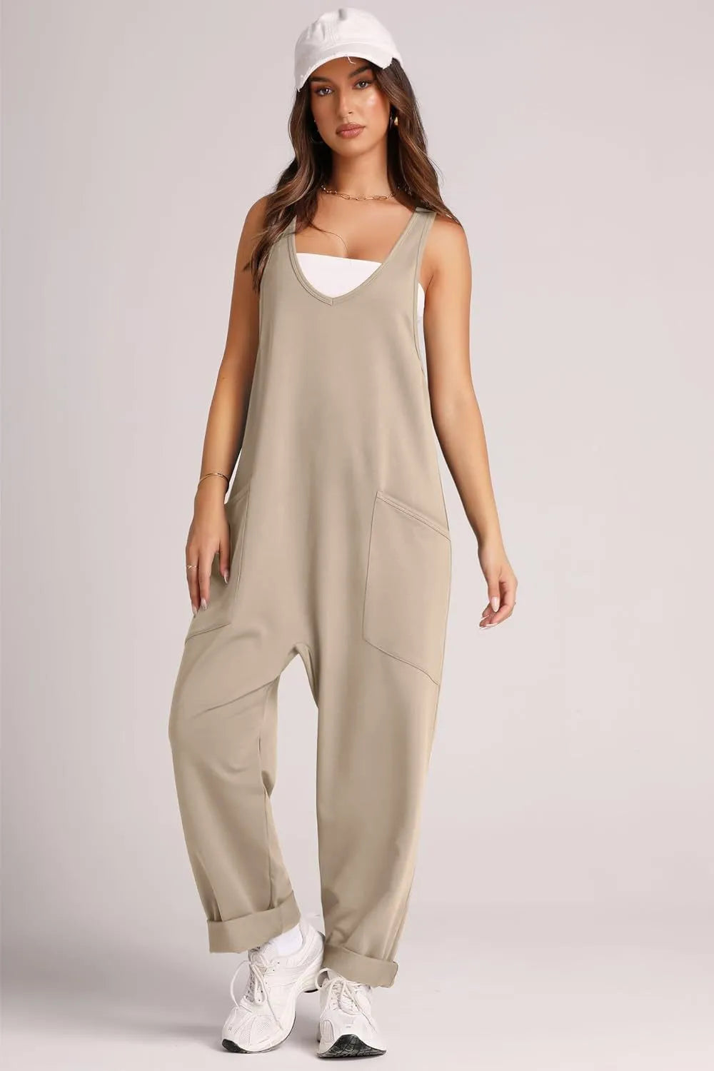 Khaki Lovelet V-Neck Wide Strap Overalls | Overalls Daverri Fashions