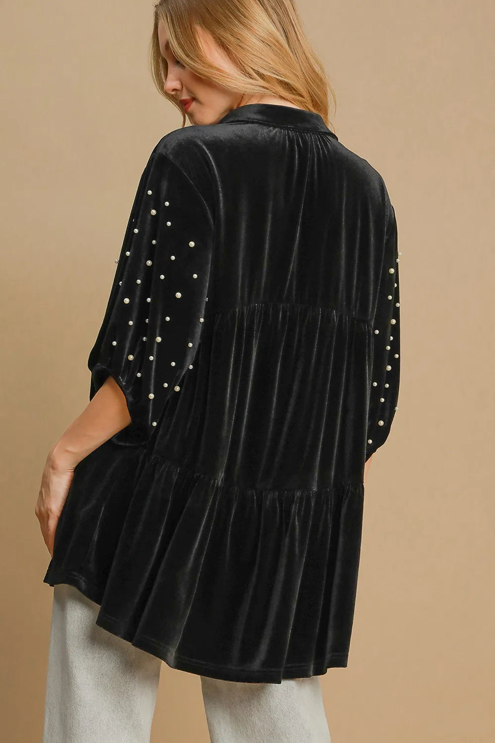 Umgee Pearl Detail Half Sleeve Velvet Babydoll Blouse | Daverri Fashions