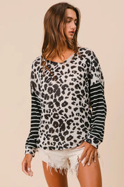 BiBi Leopard Hacci Knit Twist Back Top With Stripe Sleeve | Tops Daverri Fashions
