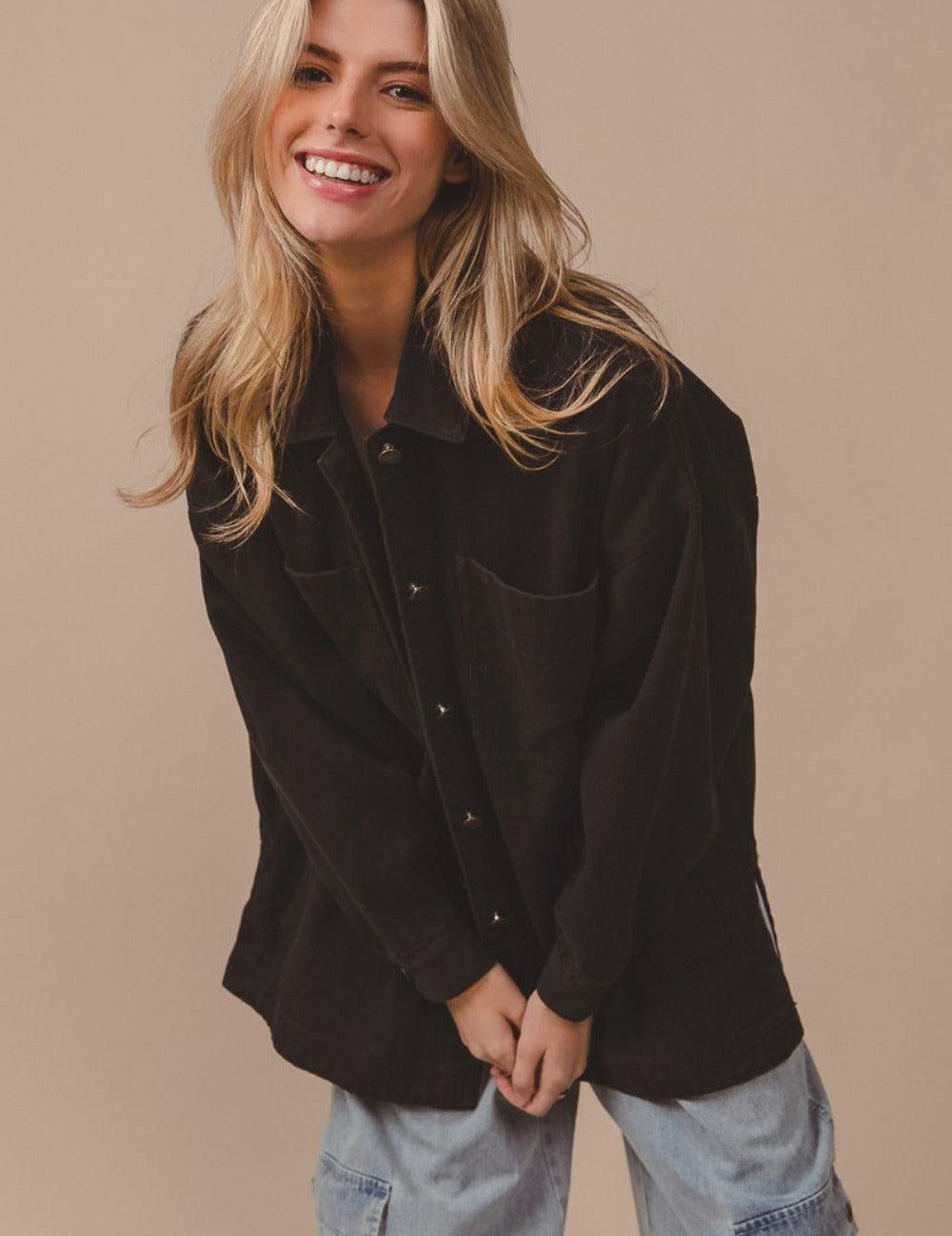 Black Charcoal S BiBi Button Up Washed Jacket with Pockets | Daverri Fashions