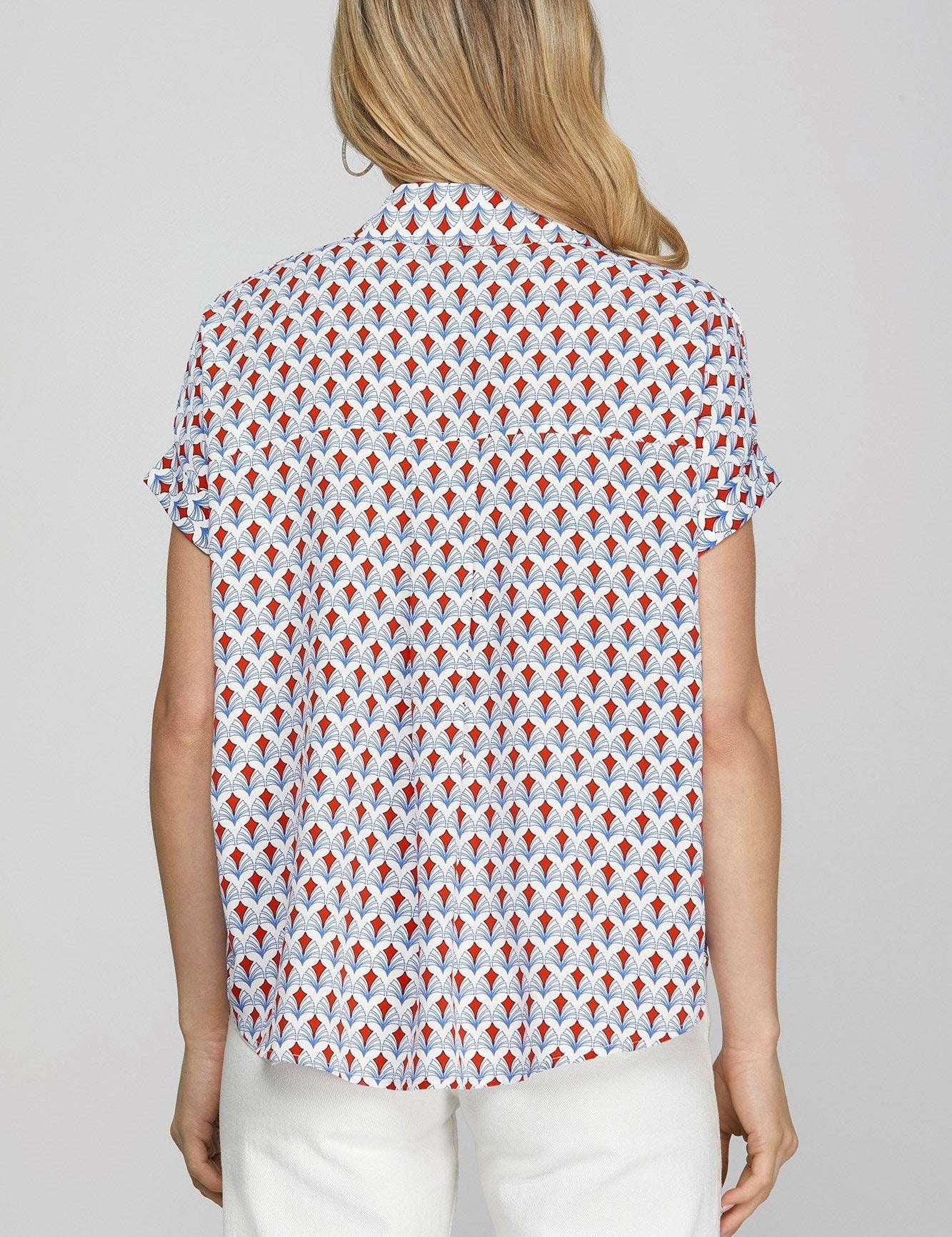 She + Sky Full Size Printed Johnny Collar Short Sleeve Blouse Plus Size | Blouses Daverri Fashions