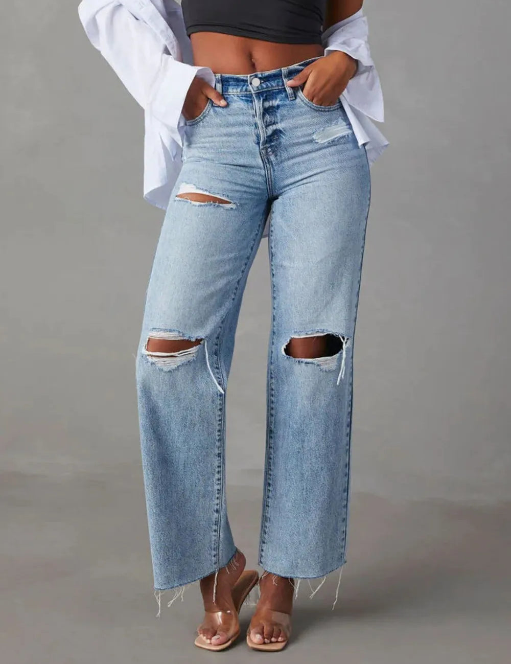 Light Distressed Straight Leg Jeans with Pockets | Jeans Daverri Fashions