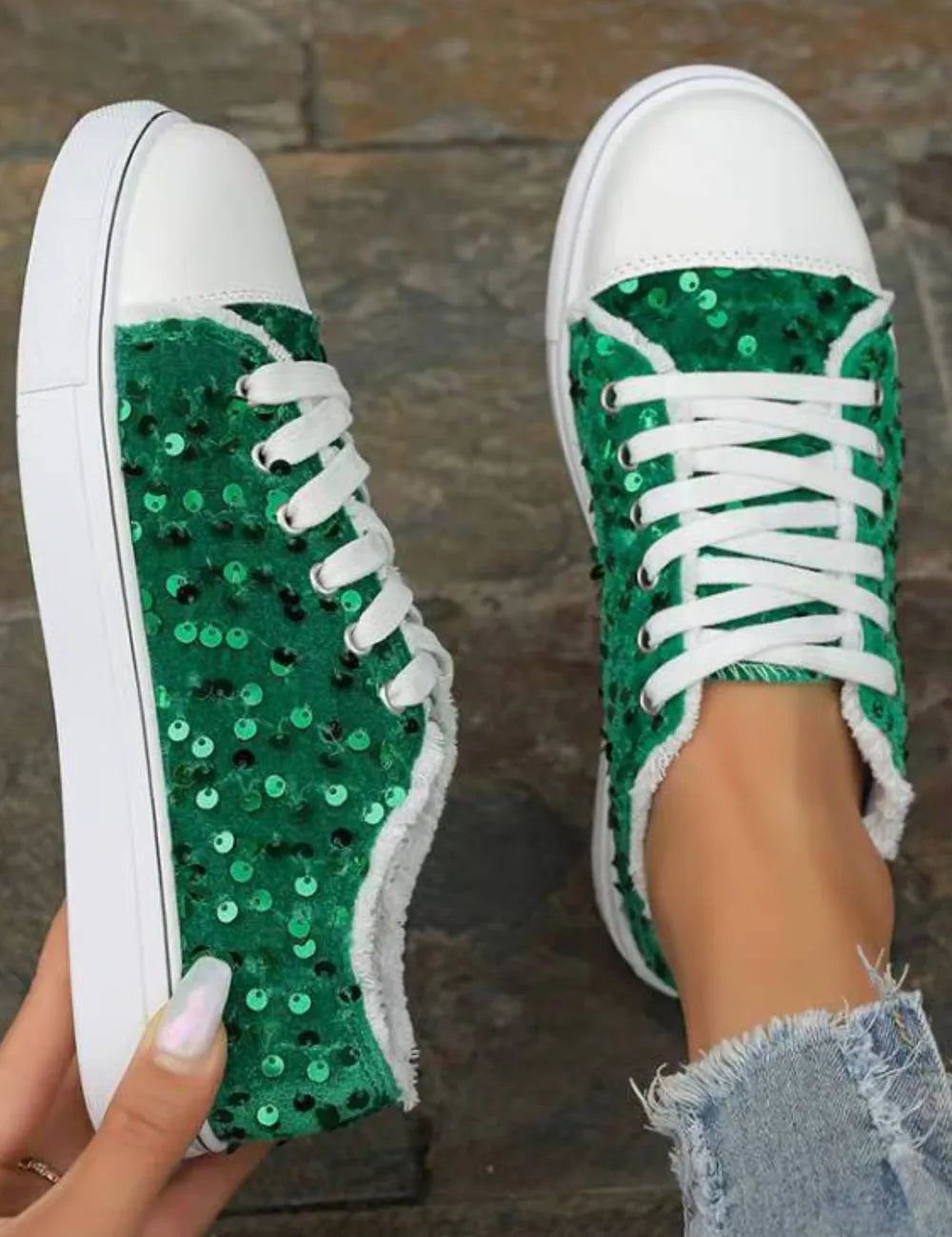Sequin Round Toe Flat Sneakers | Sneakers Daverri Fashions