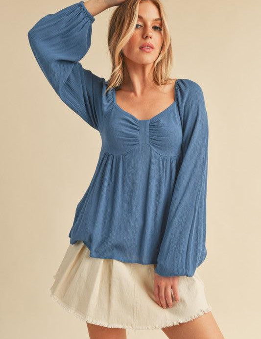 Peacock Blue Aemi + Co Ruched Sweetheart Neck Balloon Sleeve Blouse Blue | Blouses Daverri Fashions