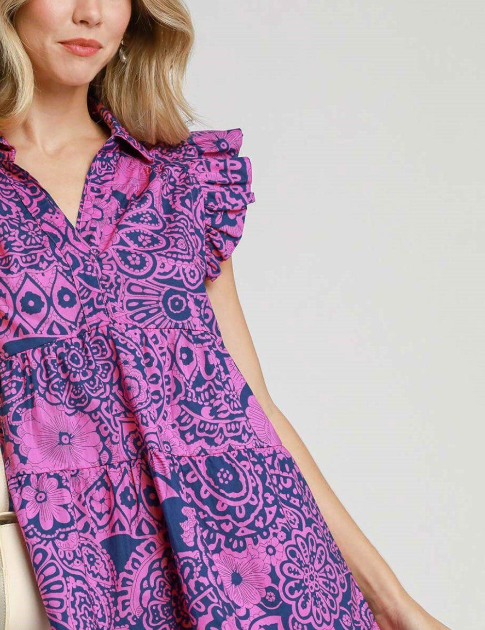 Umgee Full Size Printed Ruffle Cap Sleeve Babydoll Dress | Babydoll Dresses Daverri Fashions