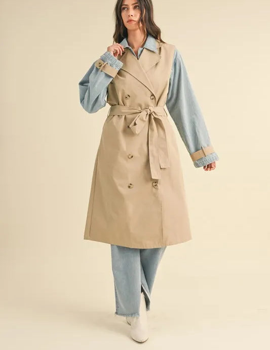 MABLE Layered Look Trench Coat With Denim Jacket | Daverri Fashions