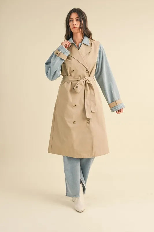 MABLE Layered Look Trench Coat With Denim Jacket | Daverri Fashions
