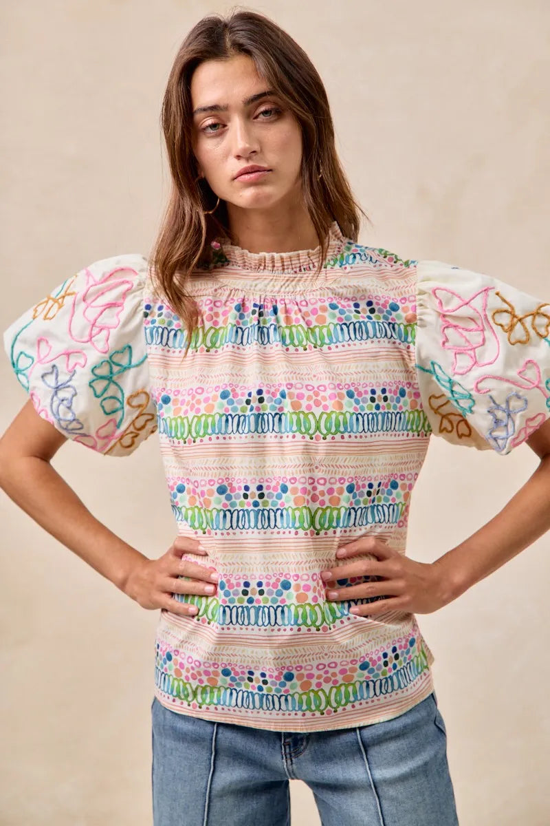 BiBi Ruffle Neckline Blouse With Embroidery Bubble Sleeve | Daverri Fashions