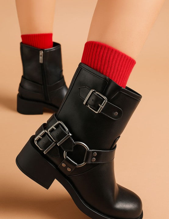 Black Caribou Harness Detail Biker Boots | Boots Daverri Fashions