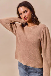 SO ME Mineral Washed Waffle Top With Puff Sleeves | Knit Tops Daverri Fashions