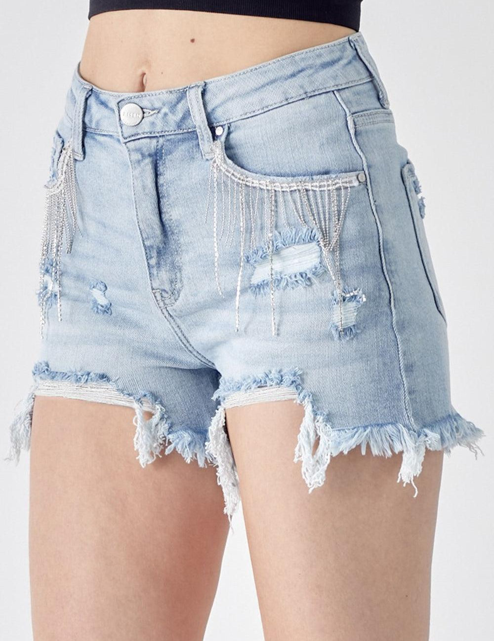LIGHT RISEN Frayed Hem Denim Shorts with Fringe Detail Pockets | Denim Shorts Daverri Fashions