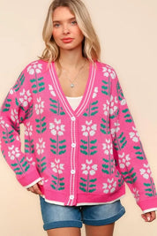 Haptics Plus Size Floral Jacquard V-Neck Button Up Cardigan | Cardigans Daverri Fashions