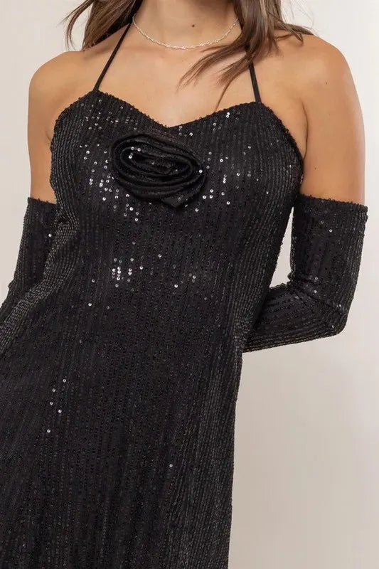 HYFVE Sequin Rosette Halter Mini Dress | Outfit Sets Daverri Fashions