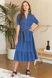 ADORA Tiered Button Down Tie Waist Short Sleeve Denim Dress | Daverri Fashions