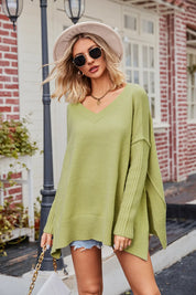 Slit V-Neck Dropped Shoulder Sweater | Sweaters Daverri Fashions