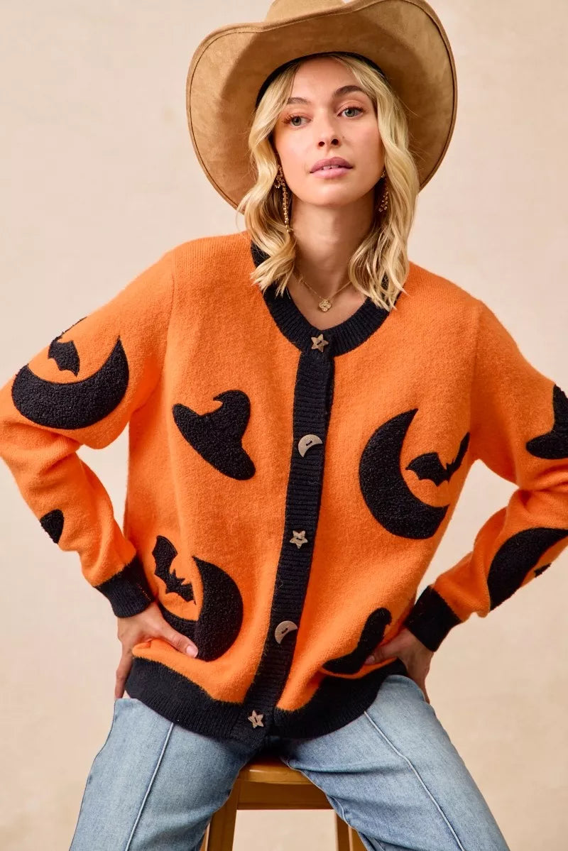 BiBi Halloween Witch Hat Moon Bat Artwork Cardigan | Cardigans Daverri Fashions