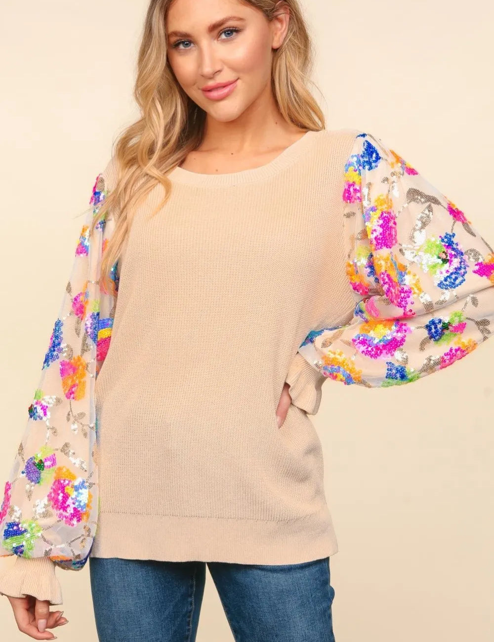 Tan Multi S Haptics Floral Sequins Mesh Flounce Sleeve Sweater | Sweaters Daverri Fashions