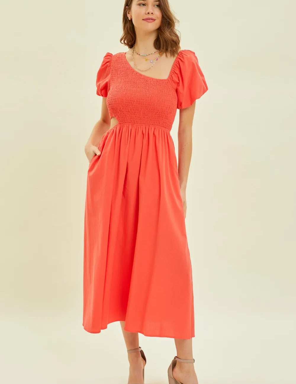 HEYSON Smocked Cutout Midi Dress | Midi Dresses Daverri Fashions