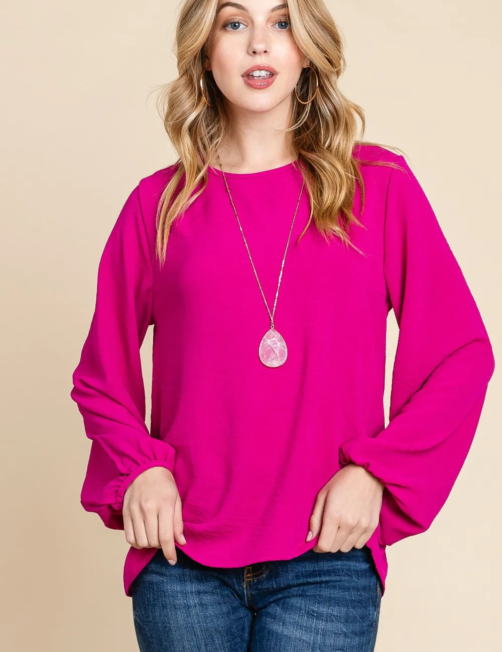 Magenta BOMBOM Textured Balloon Sleeve Blouse | Blouses Daverri Fashions