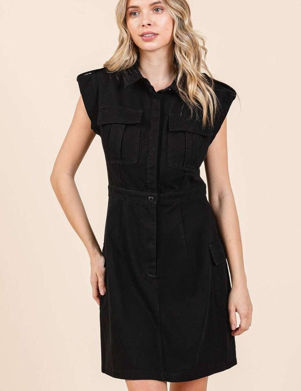 Black Mittoshop Cargo Pocket Half Button Mini Dress | Mini Dresses Daverri Fashions