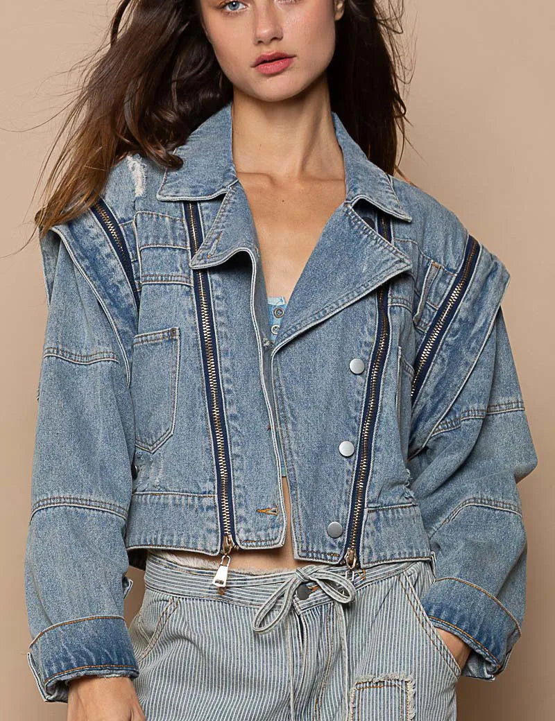Dusty Blue POL Cropped Denim Jacket with Functional Zipper Detail | Denim Jackets Daverri Fashions