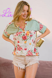 BiBi Floral Button Detail Round Neck Short Sleeve Terry T-Shirt | T-Shirts Daverri Fashions